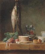 Jean Baptiste Simeon Chardin Style life with fish, Grunzeug, Gougeres shot el as well as oil and vinegar pennant on a table oil painting